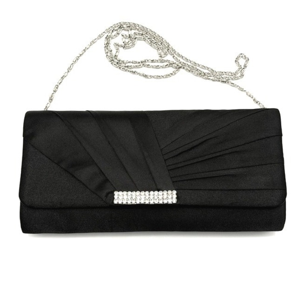 Kate Landry Black Satin Pleated Evening Clutch Bag with Rhinestone Bar Crossbody